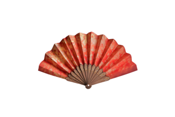 Elegant red folding fan with a traditional design on a white background.