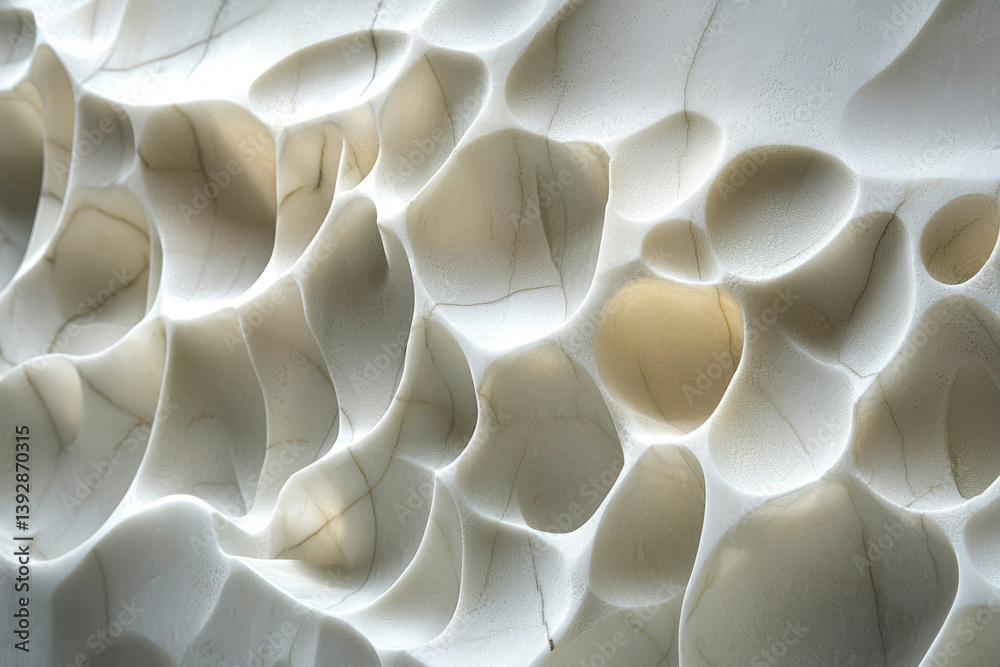 Poster A close-up of textured white stone surface with organic, cellular forms and subtle cracks, revealing depth and soft light.