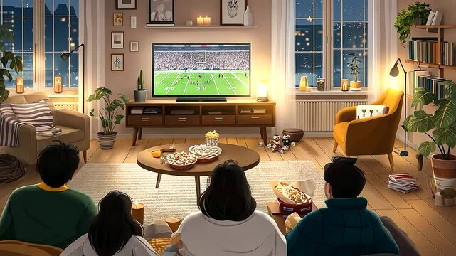 A family enjoying a cozy football game night at home with snacks
