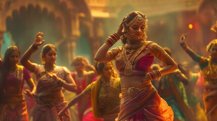 Fototapeta premium Indian Women Dancing in Traditional Attire