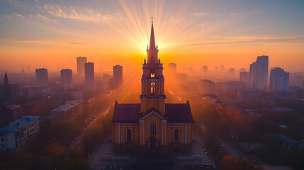 Naklejka premium Church at Sunrise Cityscape. Aerial View. Possible Stock Photo Use