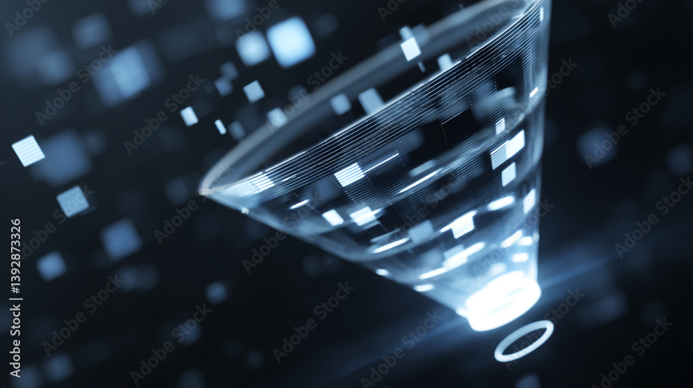 Poster abstract rendering of a funnel shape with glowing squares in a dark blue background design element