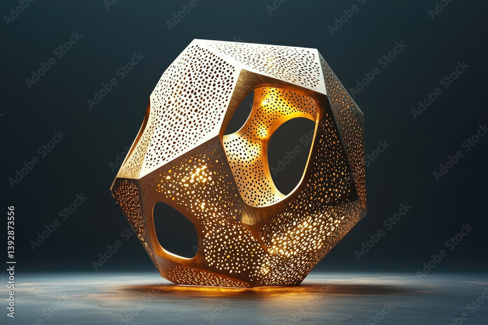 Poster Intricate geometric metal structure with patterned perforations, illuminated from within, casting a warm golden glow against a dark background, creating a striking contrast.