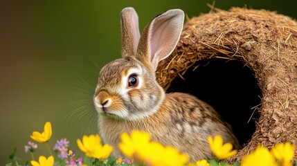 Fototapeta premium Rabbit Burrow Safety Concept, Playful Rabbit Near Its Burrow Surrounded by Colorful Wildflowers in a Tranquil Natural Setting