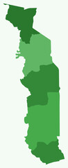 Map of Togo with regions. Just a simple country border map with region division. Green color palette. Plain Togolese Republic shape with administrative division. Vector illustration.