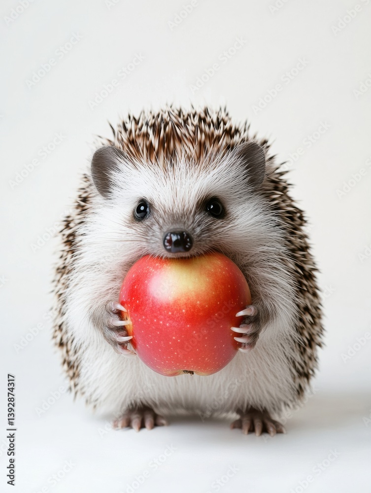 Poster cute hedgehog enjoys a delicious red apple in a bright studio setting with a clean white background