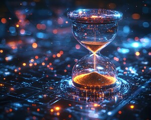 Futuristic digital hourglass on a touchscreen interface