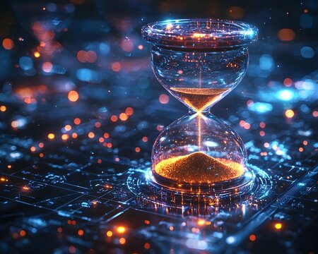 Futuristic digital hourglass on a touchscreen interface - Powered by Adobe
