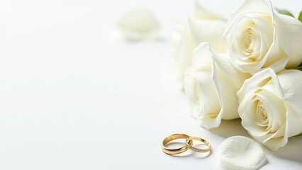 Pair of wedding rings with white roses on a white background. Wedding photo background with space for text on the side.