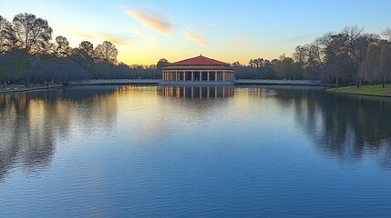 Fototapeta premium Calm lake reflecting sunset over pavilion.