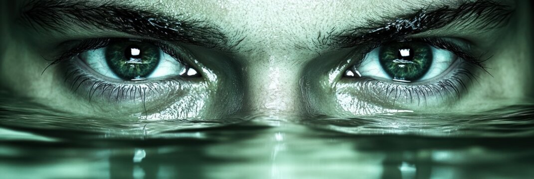 Close-up of intense green eyes submerged in water.