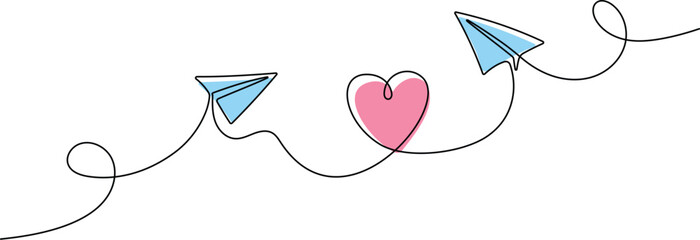 Continuous Single Line Drawing of Paper plane and love symbol Isolated on White Background