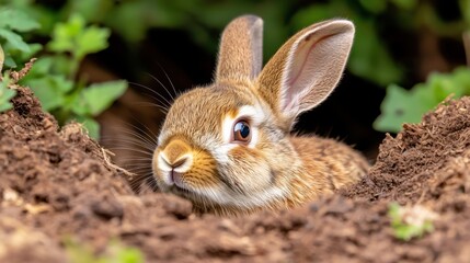 Fototapeta premium Rabbit Burrow Safety Concept, Cautious Rabbit Peering Out from Shadows in a Natural Habitat Surrounded by Greenery and Earthy Tones