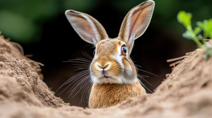 Obraz premium Rabbit Burrow Safety Concept, Rabbit Quickly Retreating into Its Burrow with Alert Ears in a Natural Outdoor Setting