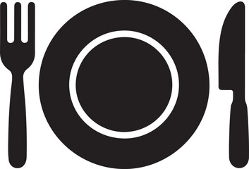 Simple Black and White Flat Icon of Fork, Knife, and Plate for Restaurant or Food-Related Design
