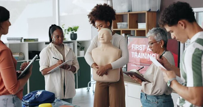 People, writing or dummy for first aid training for rescue safety, demonstration lesson or education. Paramedic, cpr class or presentation for medical emergency, learning procedure or life saving