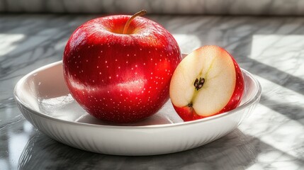 Red apple whole and sliced on white plate