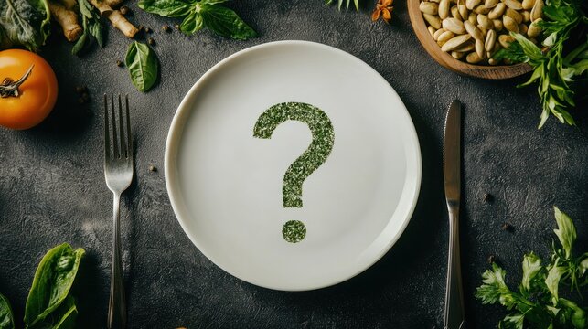 A plate with a question mark on it, symbolizing the shift to plant-based eating.