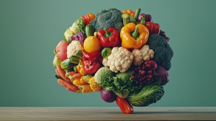 A brain made out of colorful vegetables symbolizing vegan intelligence.