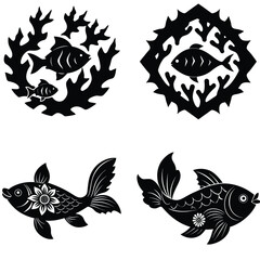 Tribal floral tattoo design featuring a bird, fish, butterfly, and animal elements with intricate patterns, silhouettes, and leaves, all in black and decorative art style