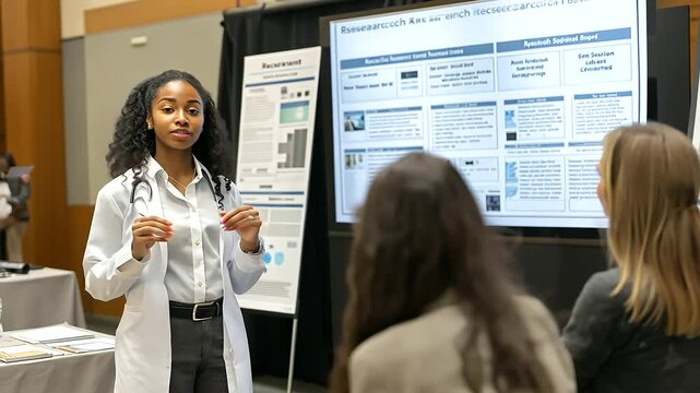 A pre-med student presenting research at a conference