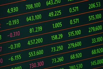 Stock market data showing increasing and decreasing values in finance