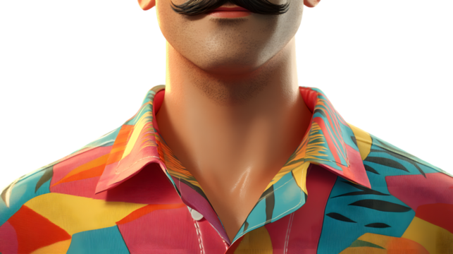 Stylish man in colorful shirt with mustache showcasing trendy fashion and unique style