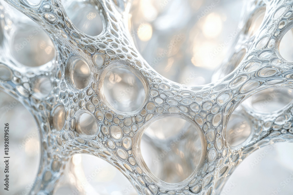 Poster Intricate silver structure with porous, organic-looking cell network and beautiful light bokeh in the background, creating an artistic, abstract visual.