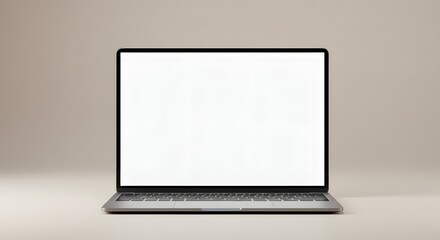 Open laptop with a blank white screen on a beige surface against a beige background in studio shot