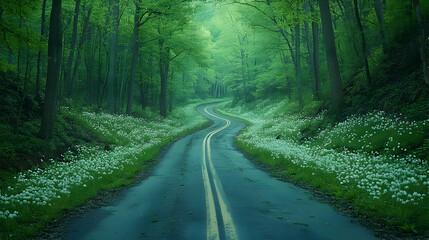 Naklejka premium Winding Road Through Lush Green Forest with White Flowers