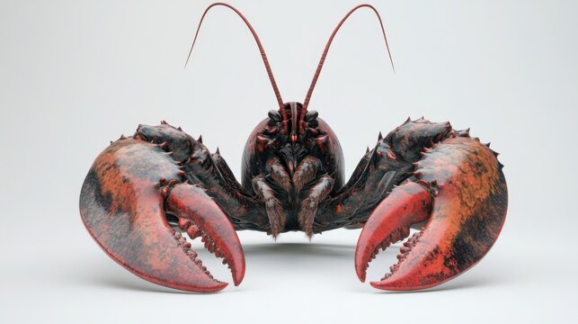A strikingly detailed, dark lobster with vibrant red claws confronts the viewer, showcasing intricate textures and a powerful stance