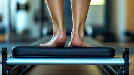 A close-up of bare feet pressing onto a Pilates reformer foot bar.
