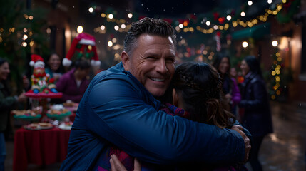 Obraz premium A man and a woman hug each other in a crowded room