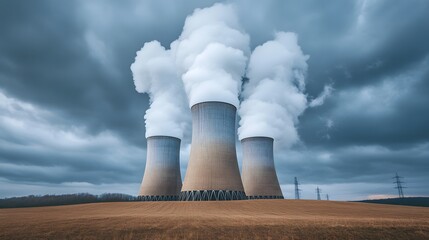 Imposing Nuclear Power Plant Cooling Towers Emitting Smoke Under Dramatic Cloudy Skies