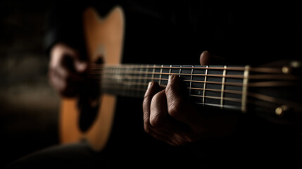 Fototapeta premium Acoustic Guitar Hands: Musical Instrument, Stringed Instrument, Guitar Player, Music Art, Close Up Art, Guitar Strings, Melodic Hands, Instrument Art. 