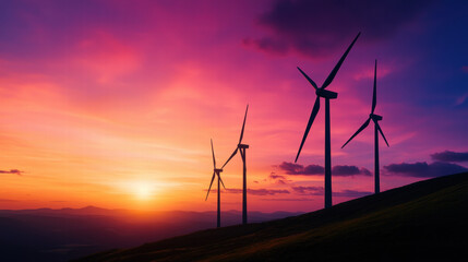 Obraz premium Breathtaking wind turbines stand tall against vibrant sunset sky on this beautiful earth day