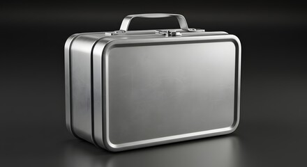 A shiny metal lunchbox with a handle sitting on a dark surface in a studio setting image