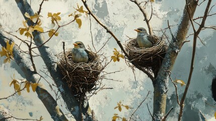 Two birds settled comfortably in their nests on tree branches with yellow leaves