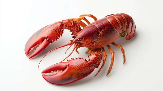 A vibrant red lobster with large claws rests against a neutral backdrop, showcasing its detailed texture and form