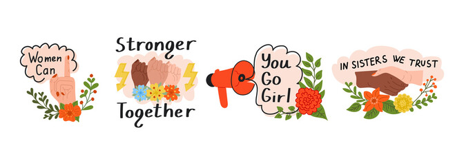 Hand drawn set of feminist stickers with empowering quotes, fists, flowers and diverse hands. Represents womens empowerment, unity and equality in a colorful and bold illustration style