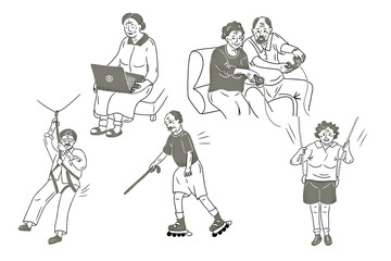 Hand drawn set of elderly characters with different activities like using laptop, walking cane, playing and relaxing. Represents senior lifestyle, aging with dignity 