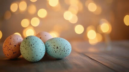 Obraz premium Three Easter eggs, colored and speckled, rest on a wooden table against a backdrop of soft, warm bokeh lights. This scene blends festive themes with ambient elegance