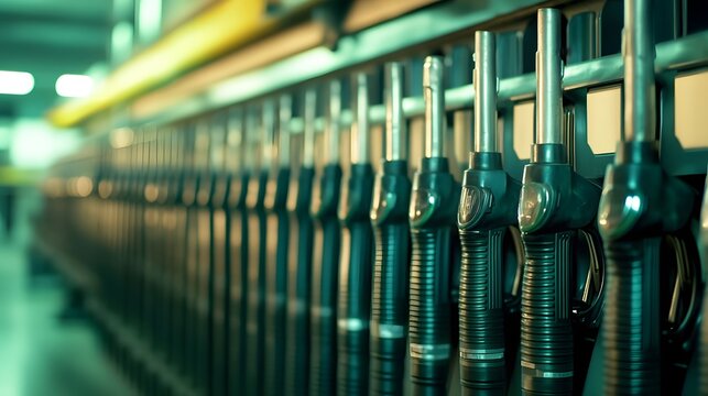 Neatly Arranged Fuel Pump Nozzles in Green and Black at a Gas Station