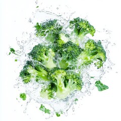 Fresh green broccoli florets being splashed with clear liquid water isolated on white background