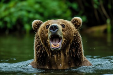 Fototapeta premium Grizzly bear emerging from water, mouth open