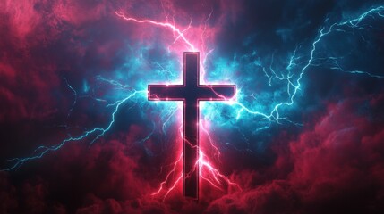 Divine Power - Cross Amidst Red and Blue Lightning