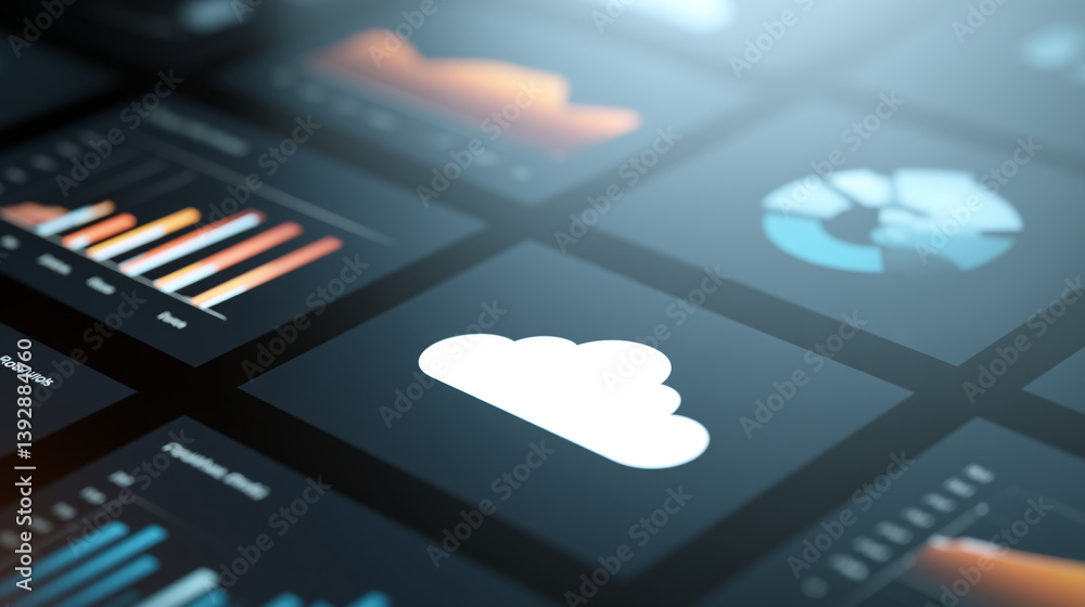 Poster close up of cloud icon and data charts on a digital interface showing business analytics and metrics