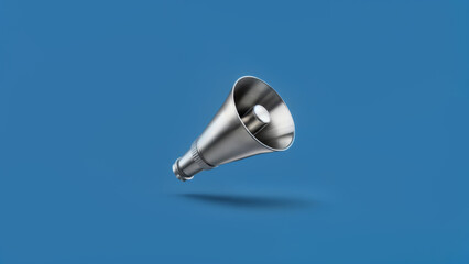 A metallic loudspeaker is centrally positioned against a bright blue background, showcasing a sleek design. The imagery conveys a modern essence, perfect for promoting communication.