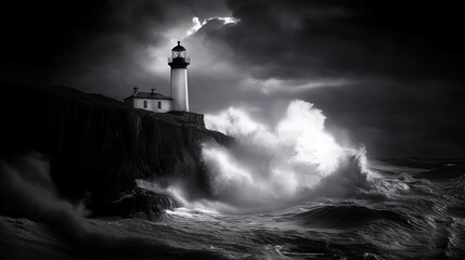 A lighthouse with giant sea tide wave in a hurricane storm.