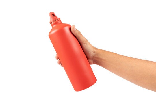 Male hand holding a red reusable water bottle isolated no background